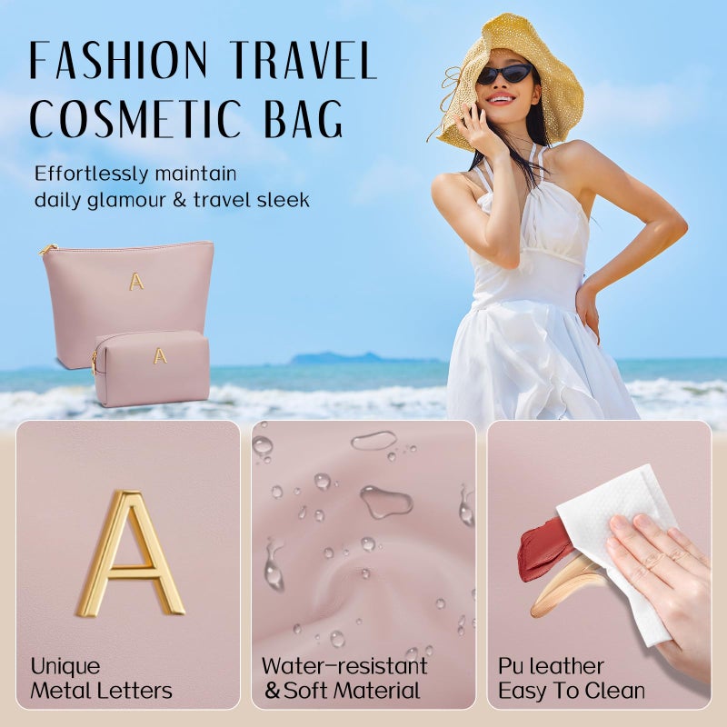 CLOUDWINGS Easter Basket Gifts for Women Girlfriend Initial Makeup Bag for Teen Girls Personalized Gifts for Friend Teacher Mom Wife Cosmetic Travel Toiletry Bag(Pink,A) - Image 3