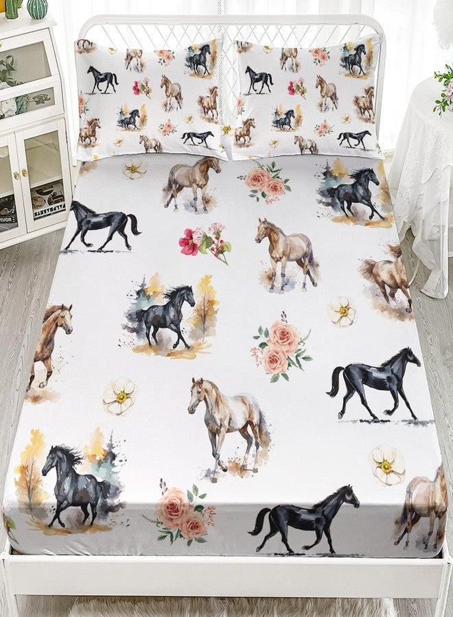 AILONEN 3D Horse Fitted Sheet Set, Galloping Horse with Flowers Bed Sheet Set for Kids Boys Twin Size,Farm Animals Bed Sheet Set,Tie Dye BedSheets Set,3PCS,1 Fitted Sheet and 2 Pillowcases - Image 1