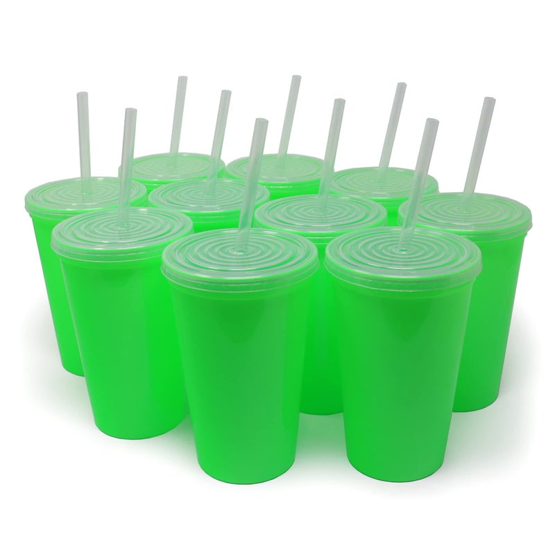Rolling Sands 22 oz Reusable Plastic Cups with Lids 10 Pack USA Made Lime Green Tumblers Includes 10 Reusable Straws Dishwasher Safe