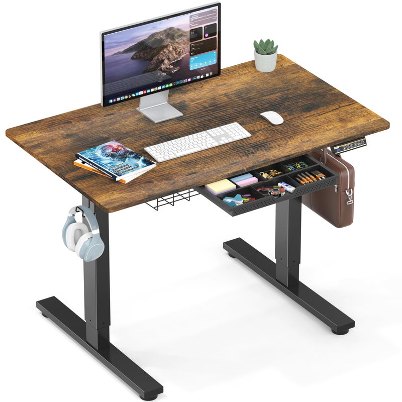 SHW 40Inch Electric Height Adjustable Standing Desk with Memory Preset and Cable Management Tray Rustic Brown