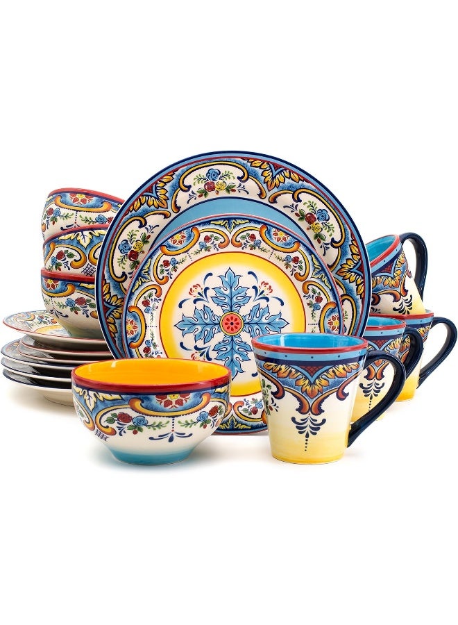 EURO CERAMICA Euro Ceramica Zanzibar Collection 16 Piece Dinnerware Set Kitchen and Dining Service for 4 Spanish Floral Design Multicolor Blue and Yellow - Image 1