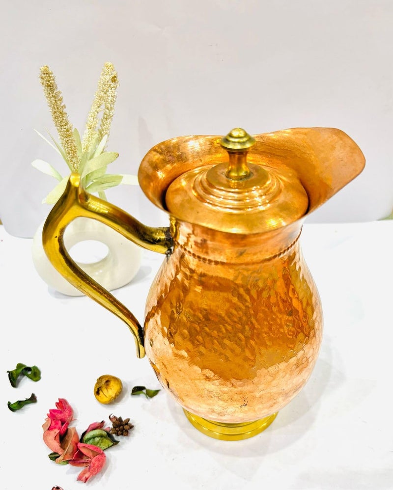 TruAura Copper Water Jug/Pitcher with Brass Handle Hammered Design Rust Proof Protection for Home and Office Use Ayurveda and Yoga Health Benefits Glass (2000ml - 1 Unit)  - Image 2