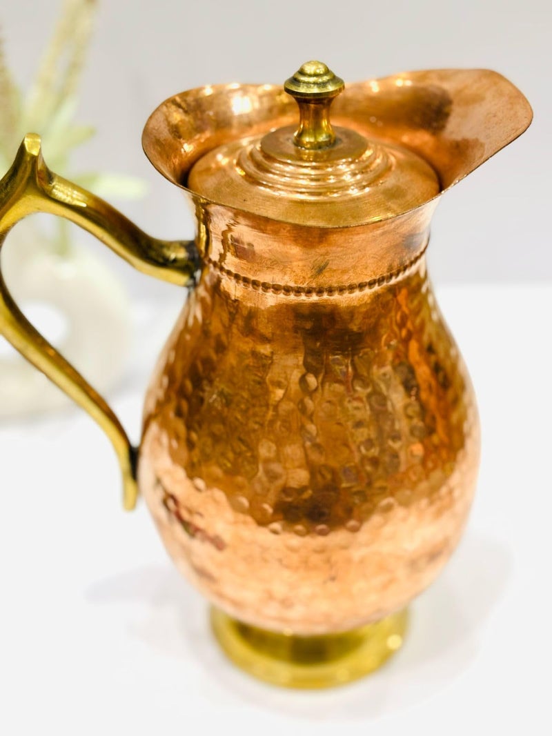 TruAura Copper Water Jug/Pitcher with Brass Handle Hammered Design Rust Proof Protection for Home and Office Use Ayurveda and Yoga Health Benefits Glass (2000ml - 1 Unit)  - Image 1