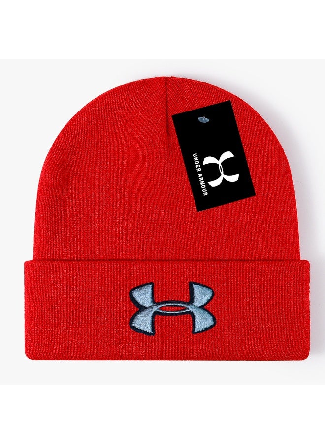 Under Armour Bold Red Ribbed Knit Beanie (Light Blue Logo)