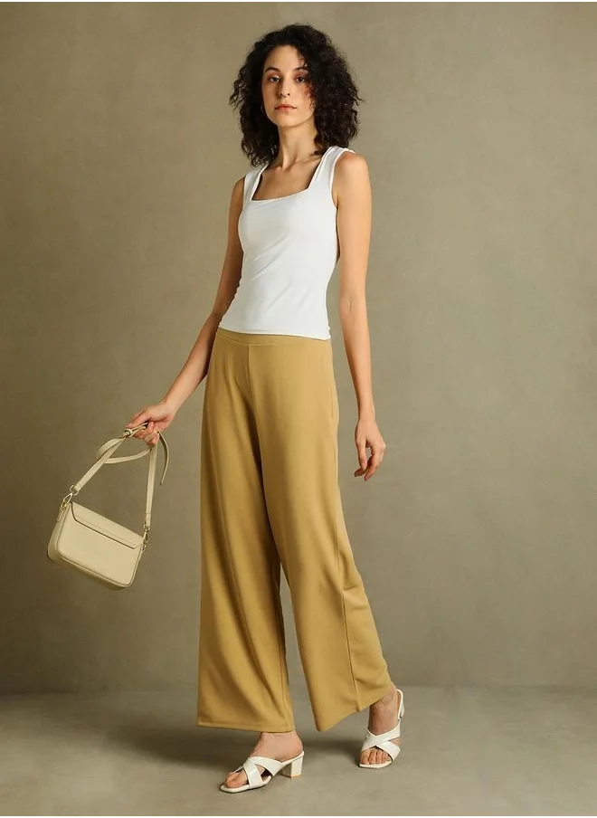 دينيس لينغو Khaki Wide Leg Trousers for Women - Relaxed Fit, Comfortable