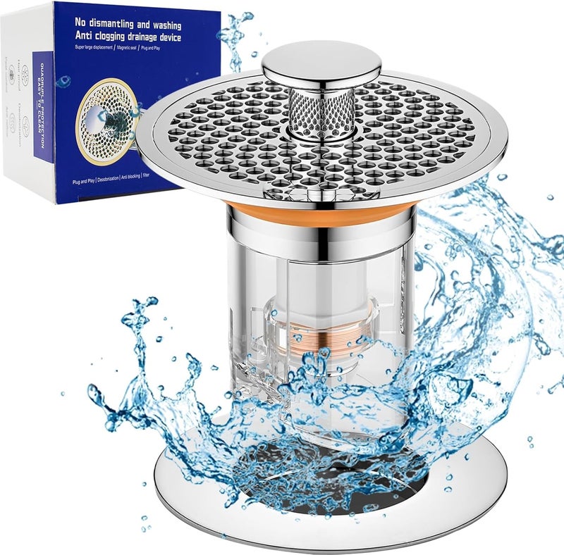 KASTWAVE Pop Up Sink Drain Strainer, Stainless Steel Basin Anti Odor Drain Filter with Brass Spring Core and Anti Clogging Filter Basket, Bathroom Sink Stopper for 1.30"-1.57" Basin Round Drain Holes, Silver - Image 1