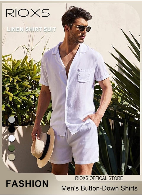 Men's Button-Down Shirts, Casual 2 Piece Outfits with Pockets, Lightweight, Breathable Beach Outfit, Crafted from High-quality Cotton Linen Blend, Perfect for Daily Wear, Sports, Party, Fitness, Working or Traveling