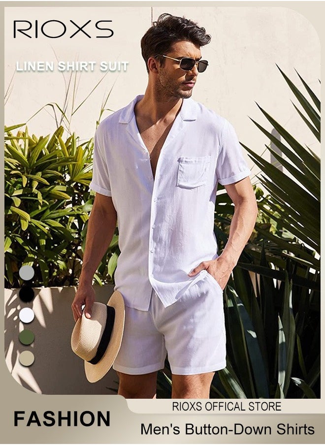 RIOXS - Men's Button-Down Shirts, Casual 2 Piece Outfits with Pockets, Lightweight, Breathable Beach Outfit, Crafted from High-quality Cotton Linen Blend, Perfect for Daily Wear, Sports, Party, Fitness, Working or Traveling - Image 1