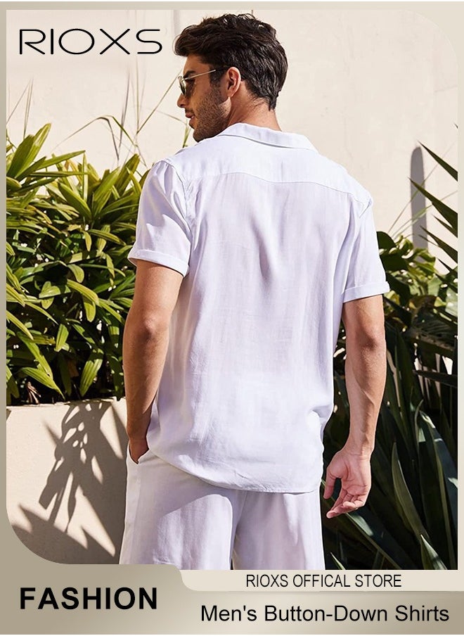 RIOXS - Men's Button-Down Shirts, Casual 2 Piece Outfits with Pockets, Lightweight, Breathable Beach Outfit, Crafted from High-quality Cotton Linen Blend, Perfect for Daily Wear, Sports, Party, Fitness, Working or Traveling - Image 1