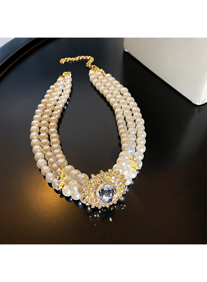 Crystal Diamond Multi-row Pearl Necklace European And American Exaggerated Atmosphere Short Necklace Choker Retro Internet Celebrity Necklace For Women