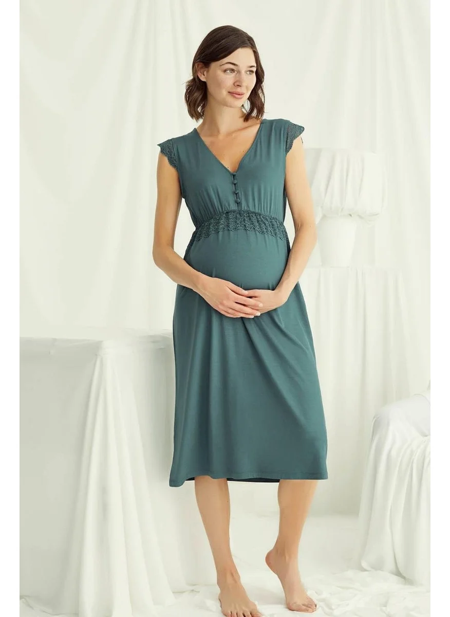 Monamise 18521 Pregnant Postpartum Thick Strap Lace Nightgown-Green