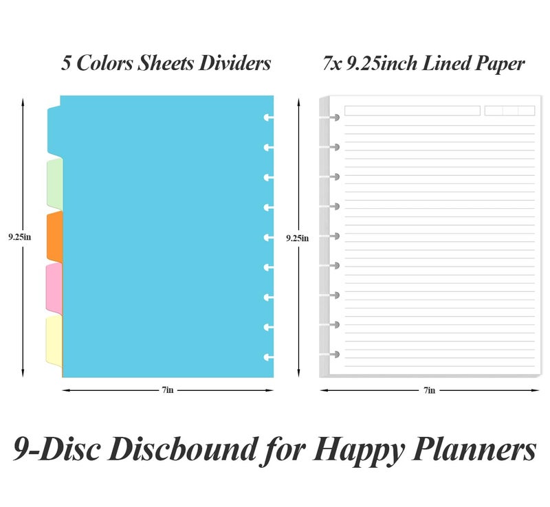 Yaridar 9 Disc Lined Paper Refills for Happy Planners - 100 Sheets/200 Pages Classic Size Lined Paper with 5 Sheets Dividers, 7" x 9.25" - Image 2