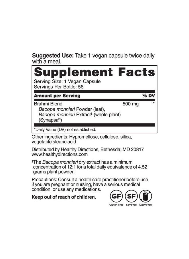 Healthy Directions - Dr. Kulreet Chaudhary’S Prajna Ayurveda Brahmi Formula Is Traditionally Used To Nourish The Brain; Blended With Synapsa For Memory And Cognition Vegan Glutenfree Soyfree (56 Capsules 500 Mg) - Image 1