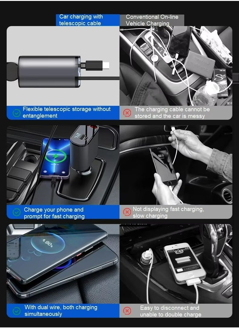 Generic - Car Fast Charger Type C  4-in-1 Adapter With Collapsible Lightning Dual USB Ports Voltage Display Compatible With iPhone iPad Galaxy 120W Power Output - Image 1