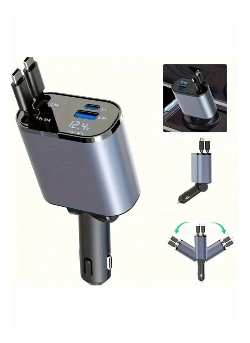 Generic - Car Fast Charger Type C  4-in-1 Adapter With Collapsible Lightning Dual USB Ports Voltage Display Compatible With iPhone iPad Galaxy 120W Power Output - Image 1
