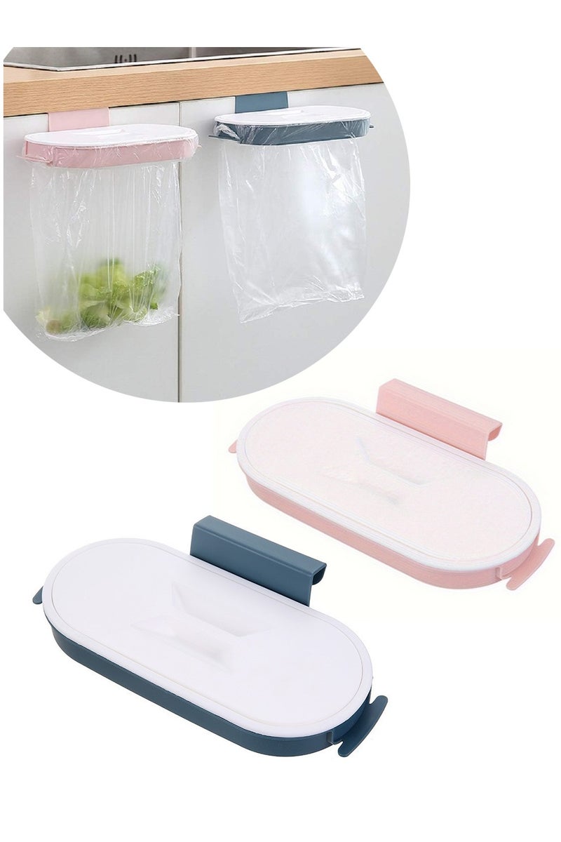 Bukela 2 PCS Plastic Trash Rack, Portable Hanging Organizer, Trash Bag Holder with Lid (Blue and Pink) - Image 1
