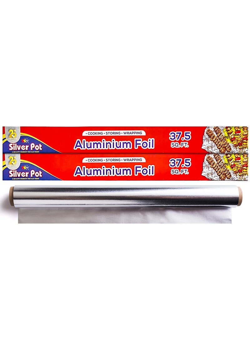 Silver Pot عبوة مزدوجة من ورق الألمنيوم سهل التنظيف عالي التحمل - إجمالي 75 قدم مربع (37.5 × 2) - متين ومتعدد الاستخدامات، مثالي للطهي، الخبز، التجميد، التغليف، وتخزين الطعام - Image 1
