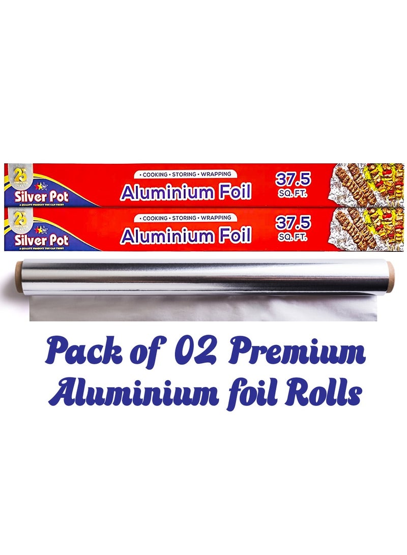 Silver Pot عبوة مزدوجة من ورق الألمنيوم سهل التنظيف عالي التحمل - إجمالي 75 قدم مربع (37.5 × 2) - متين ومتعدد الاستخدامات، مثالي للطهي، الخبز، التجميد، التغليف، وتخزين الطعام - Image 2