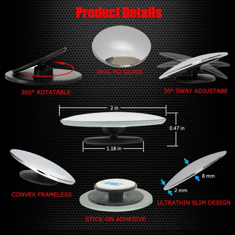 Ampper Upgrade 2" Blind Spot Mirrors - 360 Degree Rotate & Sway Adjustable HD Glass Convex Wide Angle Rear View Car SUV Universal Fit (Pack of 4) - Image 5