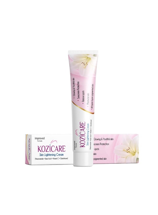 Kozicare Skin Lightening Non-Sticky Cream Lotion | Enriched with 3% Kojic Acid, 1% Alpha Arbutin, 1% Glutathione, 2% Niacinamide, 2% Vitamin C | Best for Melasma, Pigmentation, Dark/Age Spots, Uneven Skin Shade - 15gm (New Formula) - Image 1