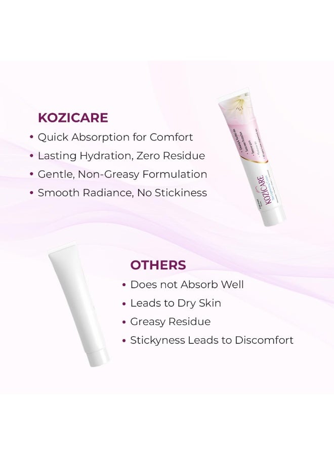 Kozicare Skin Lightening Non-Sticky Cream Lotion | Enriched with 3% Kojic Acid, 1% Alpha Arbutin, 1% Glutathione, 2% Niacinamide, 2% Vitamin C | Best for Melasma, Pigmentation, Dark/Age Spots, Uneven Skin Shade - 15gm (New Formula) - Image 5