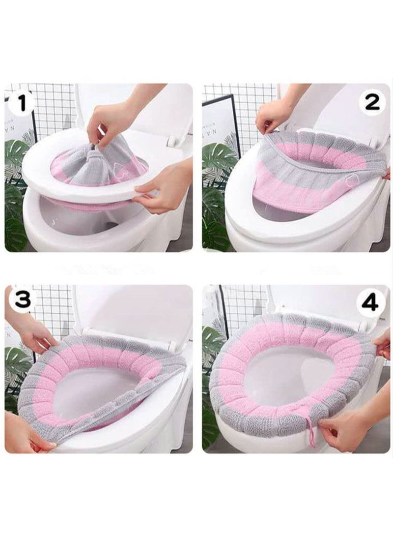 Bathroom Soft Thicker Warmer Stretchable Washable Toilet Seat Cover Pads, Toilet Seat Covers with Handle, Soft and Warm, Stretchable, Washable, Universal Size (Pink) - Image 2