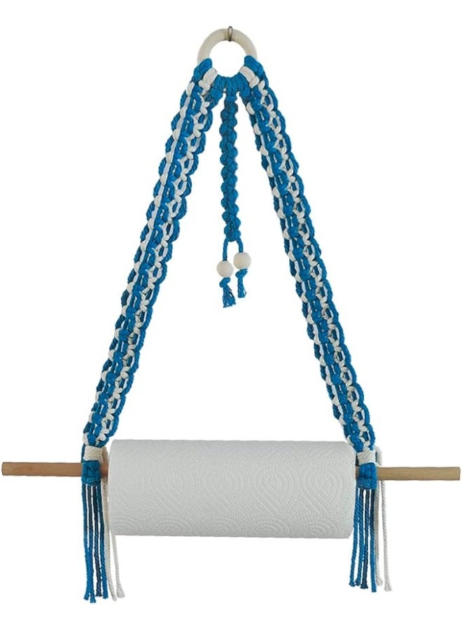 انتيكيانو حامل فوط ورقية مكرمية يثبت على الحائط للمطبخ والحمام - حامل فوط ورقية بوهو تحت الدولاب بدون ثقب (أزرق) - Image 1