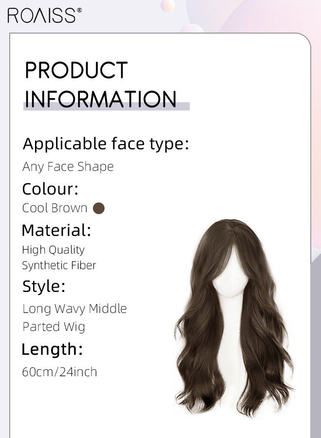 roaiss Long Wavy Cool Brown Wig, Women's Middle Parting Natural Soft Synthetic Heat Resistant Hair Wig for Wedding Cosplay Party Daily Use, 60cm (24 inches) - Image 2