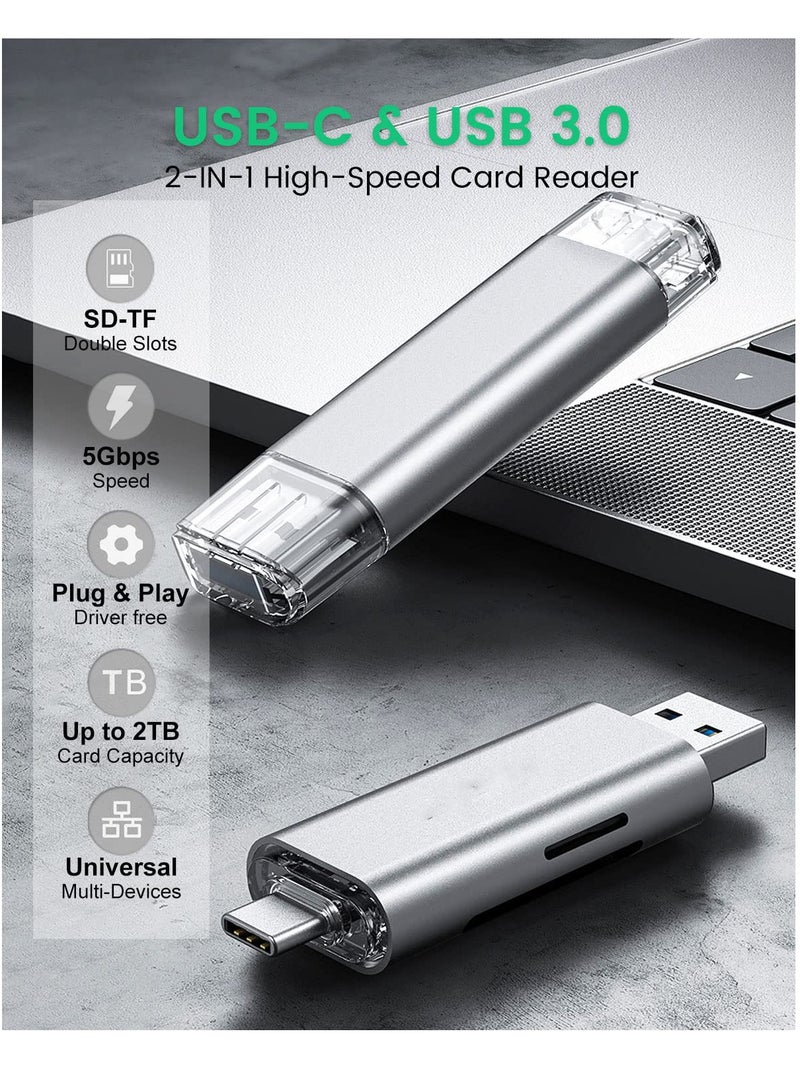 Excefore Micro SD Card Reader, USB 3.0 USB-C Memory Card Reader, Aluminum Multi 2-in-1 External SD Card Adapter for Phone Camera PC Laptop Table, Support TF/SD/Micro/SD/SDXC/SDHC/MMC/RS-MMC/UHS-I - Image 2