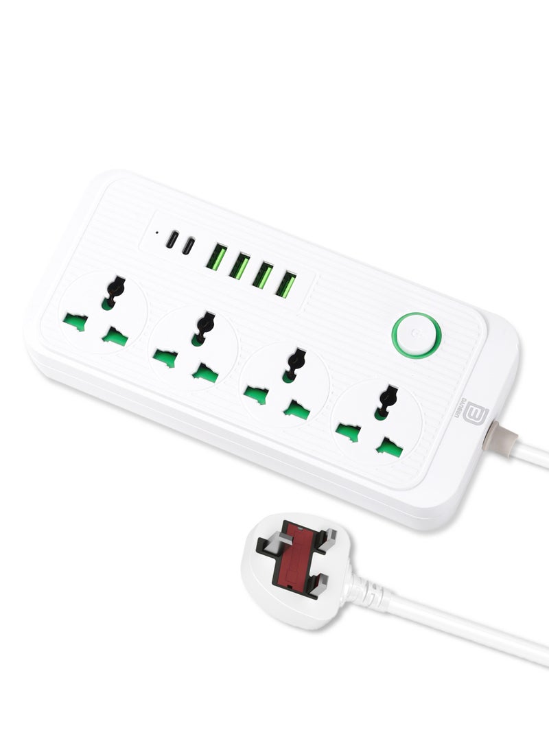 دانين سلك تمديد عالمي متعدد المقابس من  مزود بـ 4 منافذ USB | 4 منافذ | منفذين من النوع C، قابس بريطاني بقوة 10 أمبير، واقي من التيار الزائد، كابل تمديد طاقة بطول 3 أمتار للمنزل والمطبخ والمكتب (أبيض)  - Image 2