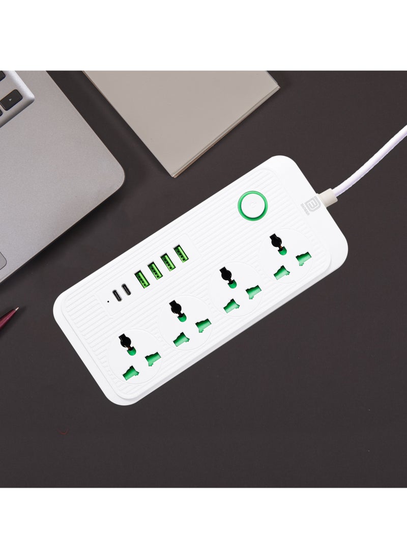 دانين سلك تمديد عالمي متعدد المقابس من  مزود بـ 4 منافذ USB | 4 منافذ | منفذين من النوع C، قابس بريطاني بقوة 10 أمبير، واقي من التيار الزائد، كابل تمديد طاقة بطول 3 أمتار للمنزل والمطبخ والمكتب (أبيض)  - Image 1