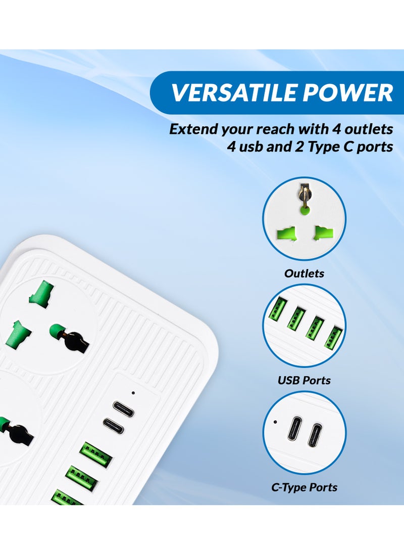 دانين سلك تمديد عالمي متعدد المقابس من  مزود بـ 4 منافذ USB | 4 منافذ | منفذين من النوع C، قابس بريطاني بقوة 10 أمبير، واقي من التيار الزائد، كابل تمديد طاقة بطول 3 أمتار للمنزل والمطبخ والمكتب (أبيض)  - Image 4