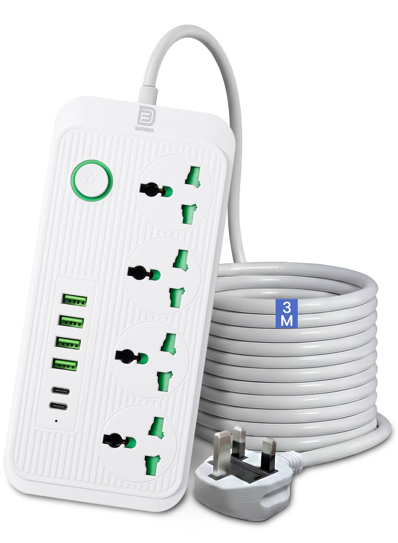 DANEEN 10in1 Power Strip with 4AC Outlets 4USB‑A + 2USB‑C Ports, Surge Protector, 3m Heavy-Duty Extension Cord, Overload Protection, Wall-Mountable Multi-Plug for Home, Office and Electronics (White) - Image 1