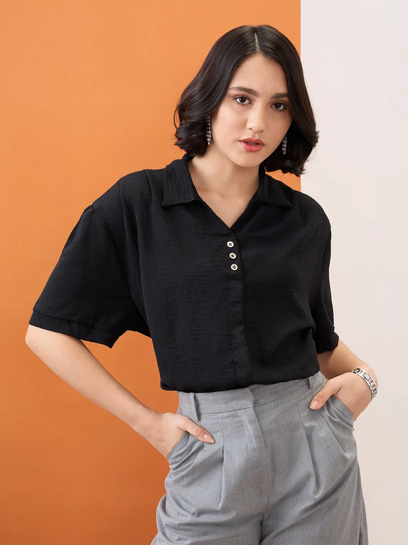 Women Black Collared Neck Drop-Shoulder Sleeves Shirt Style Workwear Top