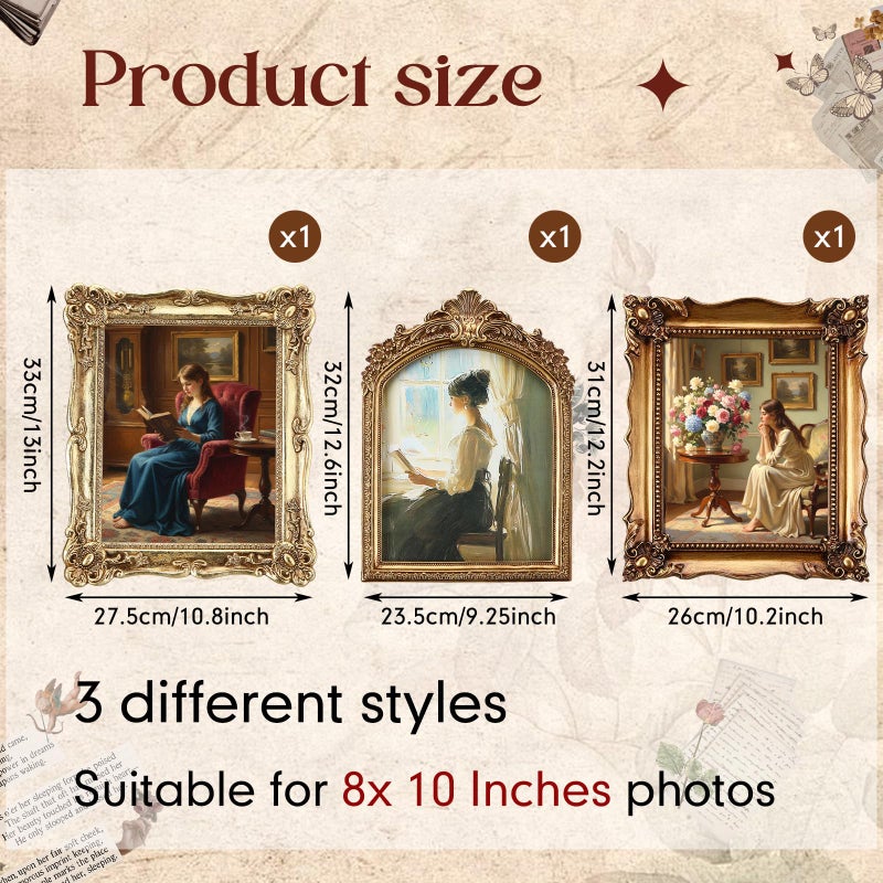 BrightRow 3 Pack Vintage Picture Frames, 8x10 Inch Gold Bronze Elegant Antique Photo Frames with Glass Front for Tabletop and Wall Mount Retro Home Decor Gallery Wall Art - Image 2