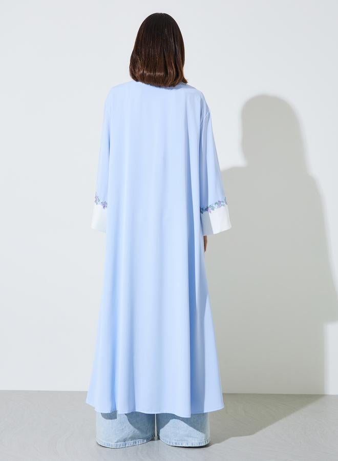 Amirah Light Blue Embroidered Open Front Abaya with White Trims - Image 3
