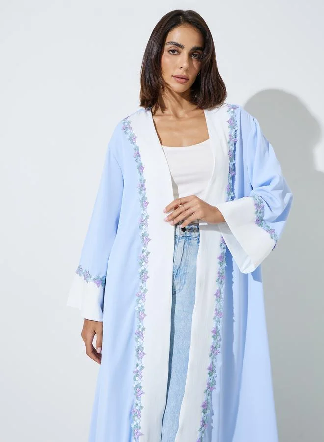 Amirah Light Blue Embroidered Open Front Abaya with White Trims