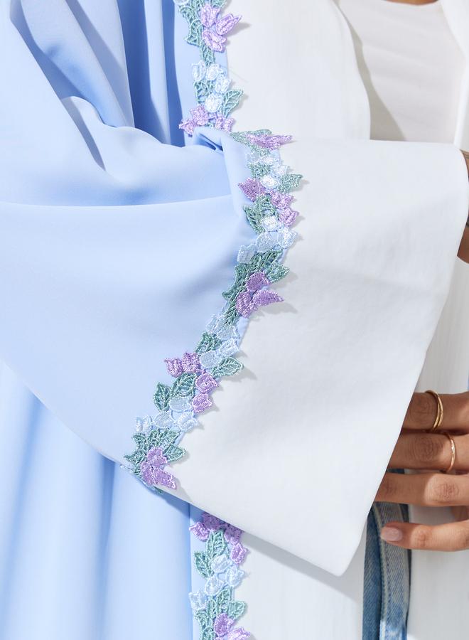 Amirah Light Blue Embroidered Open Front Abaya with White Trims - Image 4