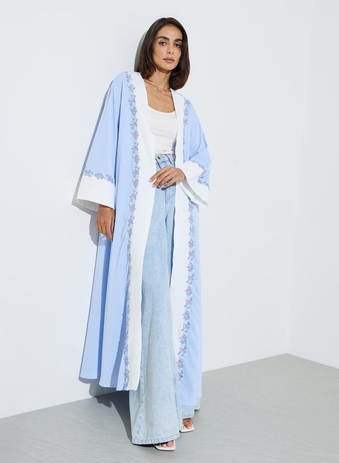 Amirah Light Blue Embroidered Open Front Abaya with White Trims - Image 1
