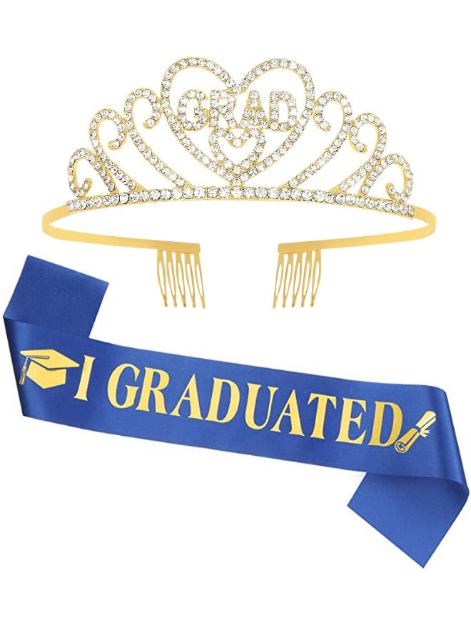 Gold Graduate Crown and Sash Set, Graduation Party Decorations, Graduate Crowns for Women, Grad Tiara and Blue "I Graduated" Sash for Women, Grad Cap Decorations Grad Cap Topper - Image 1