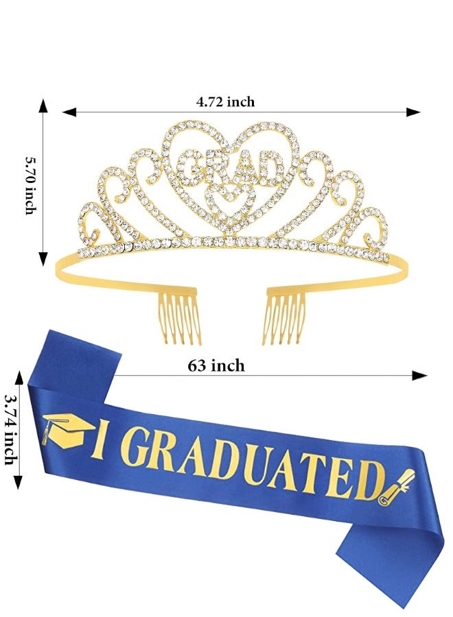 Gold Graduate Crown and Sash Set, Graduation Party Decorations, Graduate Crowns for Women, Grad Tiara and Blue "I Graduated" Sash for Women, Grad Cap Decorations Grad Cap Topper - Image 2