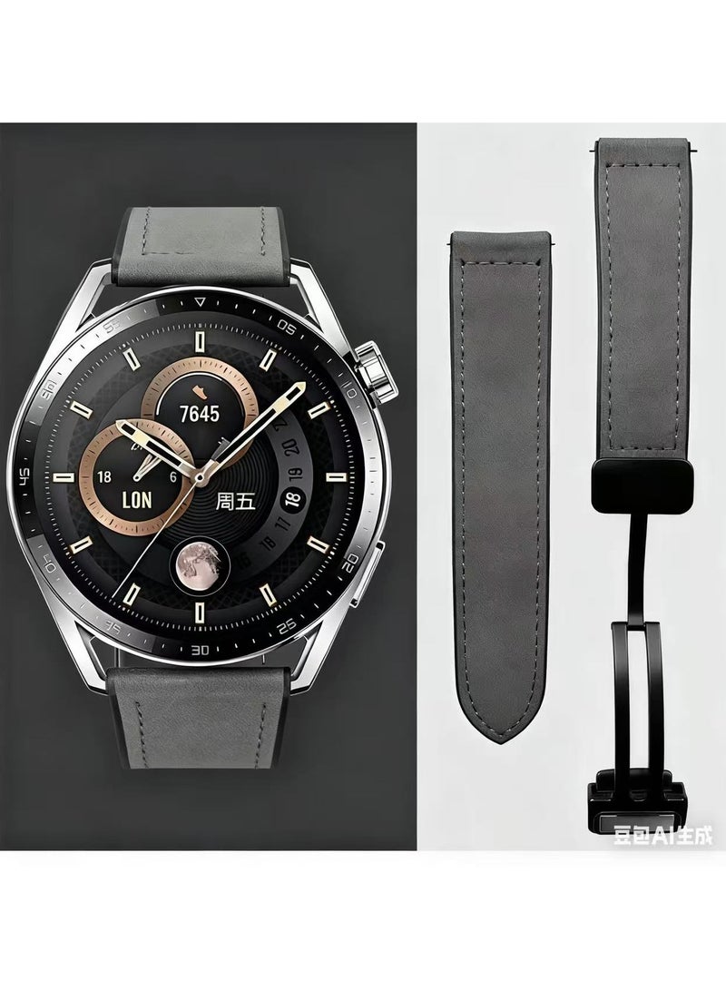 TDZDDYS 22mm Leather Watch Strap with Magnetic Buckle Design, Compatible with Huawei GT3/4 46mm, GT3 Pro, Huawei Watch 3, GT2e, GT2 Pro, GT2 42/46mm, Samsung Galaxy Watch 3 45mm/Gear S3(Grey) - Image 1