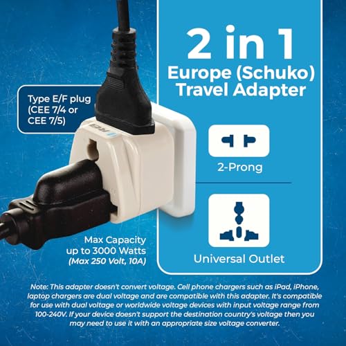 OREI India to European Plug Adapter (Schuko) - Type E/F Plug Converter India to Germany - 2 in 1 - Perfect for Laptop, Camera Charger and More - CE, RoHS - 2 Pack - Beige - 5 Years Warranty - Image 5