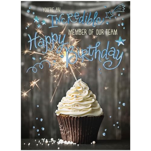 25 Employee Birthday Cards Cupcake Stars Design with Blue Holographic Foil Embossing 26 White Envelopes FSC Mix