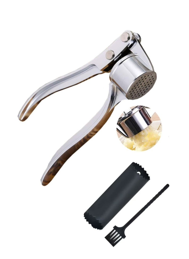 Rust-Proof Garlic Press, Multifunctional Kitchen Tool, Labor-Saving and Non-Slip Stainless Steel Garlic Press, With Silicone Garlic Peeler and Cleaning Brush, Easy to Clean Without Hurting Hands  - Image 1