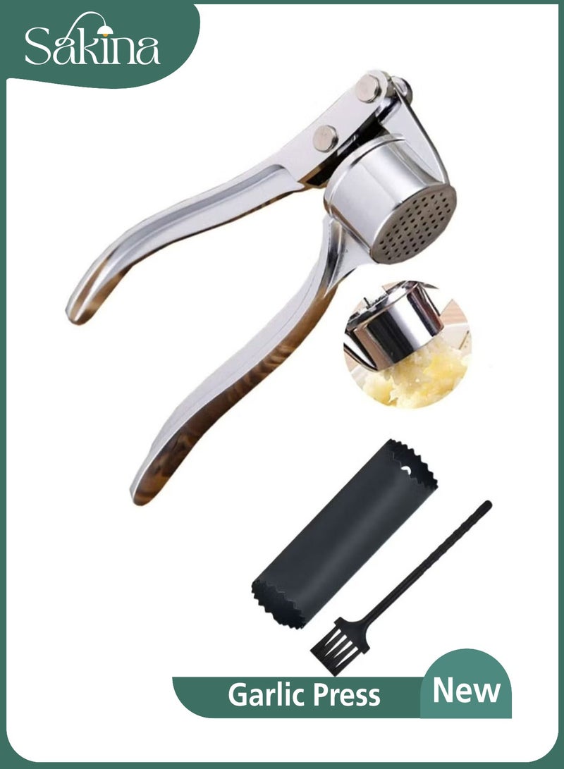 سكينة مكبس ثوم مقاوم للصدأ، أداة مطبخ متعددة الوظائف، مكبس ثوم من الفولاذ المقاوم للصدأ غير قابل للانزلاق، مع مقشر ثوم من السيليكون وفرشاة تنظيف، سهل التنظيف دون إيذاء اليدين - Image 1