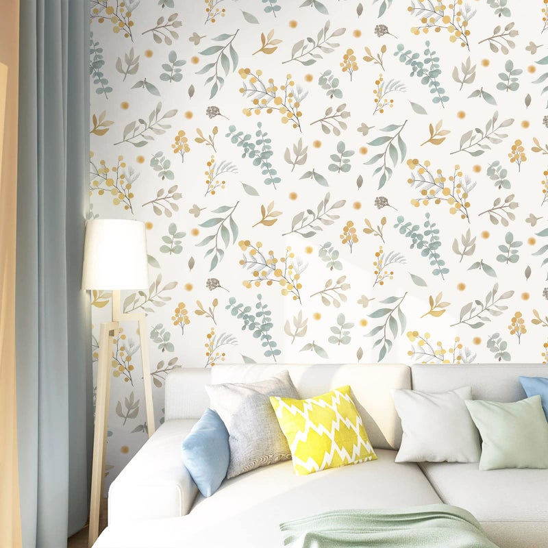 Timeet Floral Wallpaper Peel and Stick Self Adhesive Wallpaper GreenYellowBeige Removable Wall Paper Decor 154in x 11811in