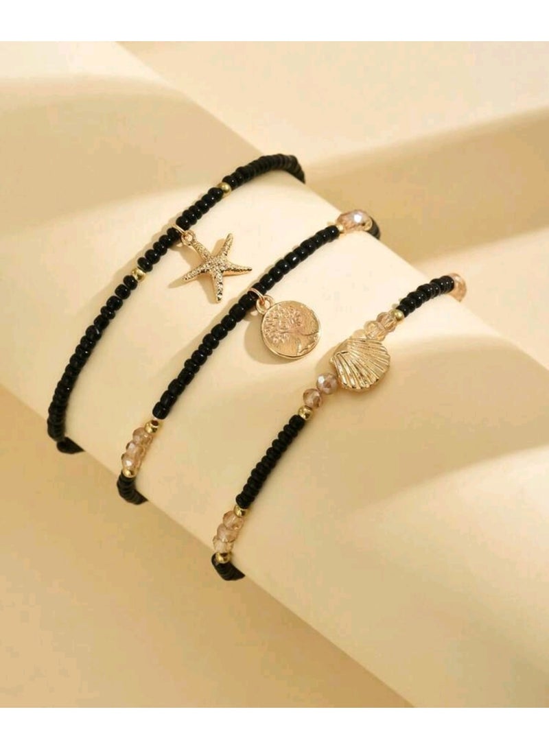 Shein 3pcs/Set Elegant Pearl Anklet, Colorful Starfish & Shell Pendant Multi-Layer Beaded Anklet - Image 2