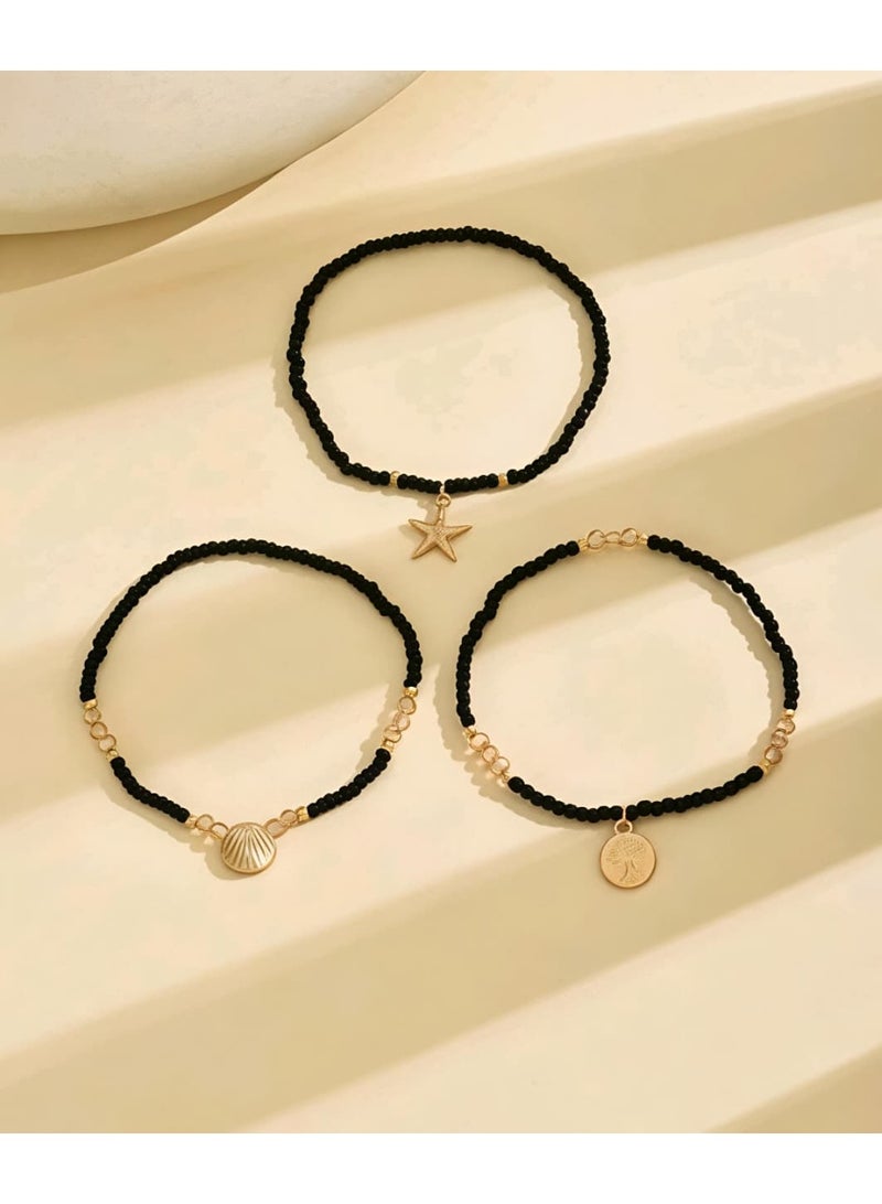 Shein 3pcs/Set Elegant Pearl Anklet, Colorful Starfish & Shell Pendant Multi-Layer Beaded Anklet - Image 3