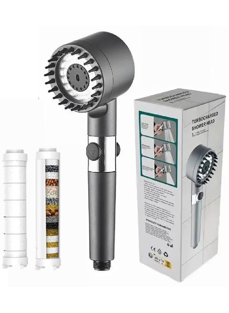 Filtered Shower Head Scalp Massager with 2 Pack Filtering Stones Beads for Bathroom and Spa, Turbo Water Saving Hand Held Shower Head with 3 Spray Settings for Hard Water